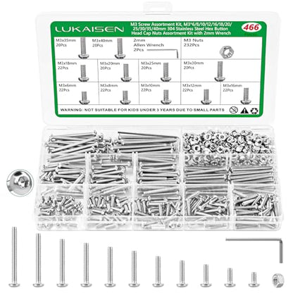466 Pcs M3 Hex Button Cap Screws Nuts Washers Wrench Kit, 304 SS | (6mm-40mm) with 2 Hex Wrenches, Metric Fastener Set for 3D Printing & Machinery DIY Repair,Clear Label Storage Box - size: SS M2 466pcs 2