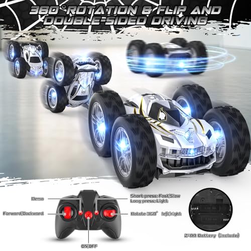 Double Sided Remote Control Car for Kids Boys 4-7, Spider RC Flip Stunt Car with Changeable Lights, Easter Birthday Gift for 3 4 5 6 7 8 9 Year Old Girl Cool Stuff Race Car Carros Para Niños 3+ Años - color: Silver