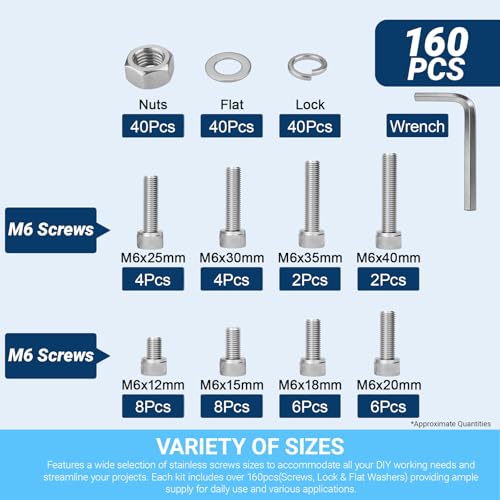 160Pcs M6 Hex Socket Head Screw Kit with Nuts Flat Lock Washers | 304 stainless steel M6 hex socket cap screws. 8 sizes M6x12-40mm with hex wrench for CNC, 3D printer, RC and DIY projects. - color: 160pcs M6