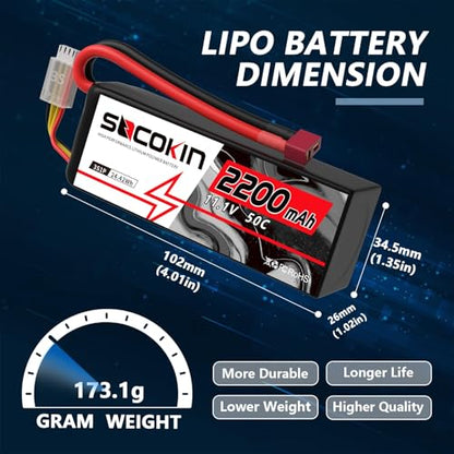 3S 2200mAh Lipo Battery 11.1V 50C Lipo Battery with T-Plug Connector Soft Case for RC Car Boat Truck