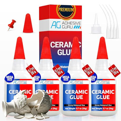 Adhesive Guru Ceramic Glue (4x0.7 oz) Super Glue for Pottery, Porcelain & China Repairs, Waterproof & Odorless After Cure, Non-Toxic, Temperature Resistant, Compatible with Aerosol Activator – 4 Pack - size: 4 Pack, style: Ceramic Glue