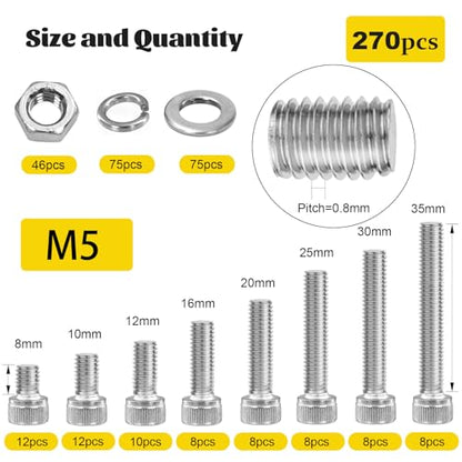 270pcs M5 Screws with Nuts Assortment kit, M5x8/10/12/16/20/25/30/35 mm 304 Stainless Steel Hex Socket Head Cap Screw Bolts Nuts Flat & Lock Washer Set - size: SS M5 270pcs