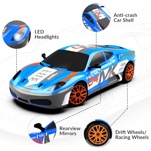 RACENT 1:24 Scale RC Drift Car, 10MPH 4WD Remote Control Car with LED Light, Racing and Drifting Wheels, 2 Rechargeable Batteries, Perfect Toy for Boys, Girls, Kids (Blue) - color: Blue, size: 1:24 Scale