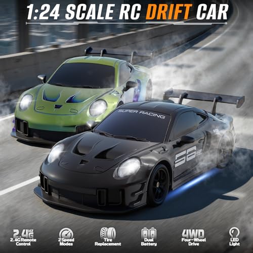 RC Drift Car, 1:24 4WD Remote Control Cars Vehicle with LED Light,2.4GHz 20KM/H High Speed RC Cars with Two Batteries & Drifting Tires Racing Sport Toy for Adults Boys Girls Kids Black - color: Black