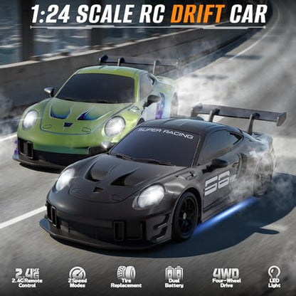 RC Drift Car, 1:24 4WD Remote Control Cars Vehicle with LED Light,2.4GHz 20KM/H High Speed RC Cars with Two Batteries & Drifting Tires Racing Sport Toy for Adults Boys Girls Kids Black - color: Black