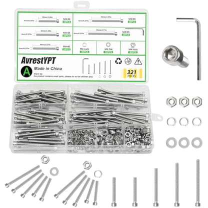 321 Pcs M4 Screw Assortment Kit, Assorted Metric Bolts and Nuts Kit, 304 Stainless Steel Hex Socket Head Cap Screws and Washers Set, M4 Nuts and Bolts with Hex Wrench - size: M4x30/35/40/45/50mm-321Pcs