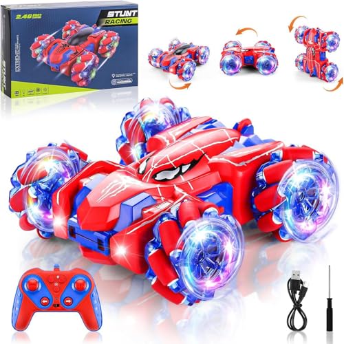 Spider Remote Control Car, Double Sided 360°Rotating USB Direct Charging RC with Cool Lights, 2.4Ghz Drift RC Stunt Vehicle, 360°Rotating 4WD Off-Road Race Car Toys for 4-12 Boy Girl Gifts (Blue) - color: Blue