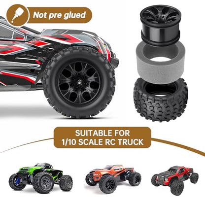 2.8 Tires and Wheels 12mm Hex 1/10 Scale RC Monster Truck Wheels for Traxxas Rustler VXL Stampede 4x4 Redcat Volcano EPX Pro Blackout XTE, Set of 4