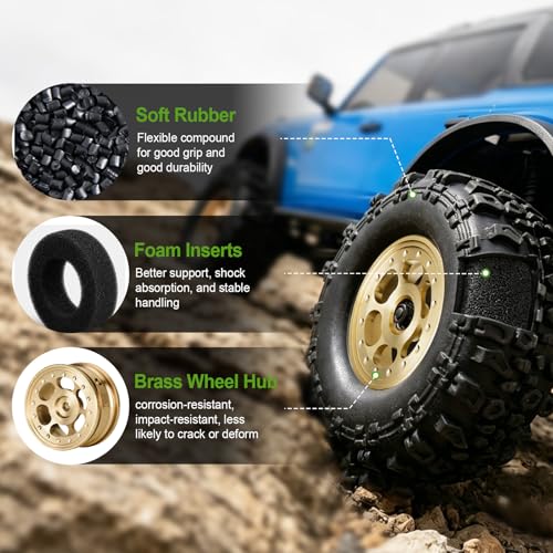 HobbyPark Brass Wheels and Tires for 1/30 Axial SCX30 Upgrades RC Crawler Parts 33x14mm 0.7" Tire with Foam Inserts, Set of 4 (Gold-6 Holes Rims) - color: Gold-6 Holes Rims