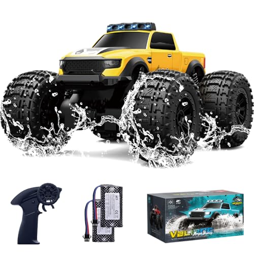 Amphibious Remote Control Car Waterproof Monster Truck Toys for Kid 4WD All Terrain Off Road RC Cars 2.4G RC Trucks 2 Batteries Drift RC Stunt Cars for Boys Age 8-12 Kids Gifts (Yellow) - color: Yellow