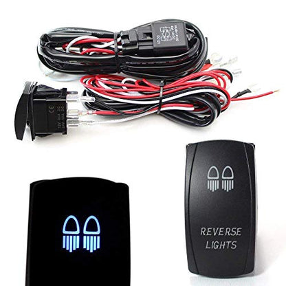 iJDMTOY 2-Output Universal Relay Wiring Harness with Reverse Light Blue LED Light ON/Off Rocker Switch, Compatible with Off-Road LED Light Bar, LED Pod Lights, Aftermarket Fog Lights, Driving Lights - style: Reverse Backup Lights