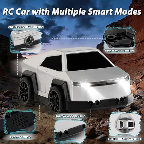 Remote Control Car Cyber-Inspired Rc Cars Toys with Drift Spray Lights Sound Automatic Follow 2.4GHz Rc Truck Toys for 3+ Boys Pet - color: Silver