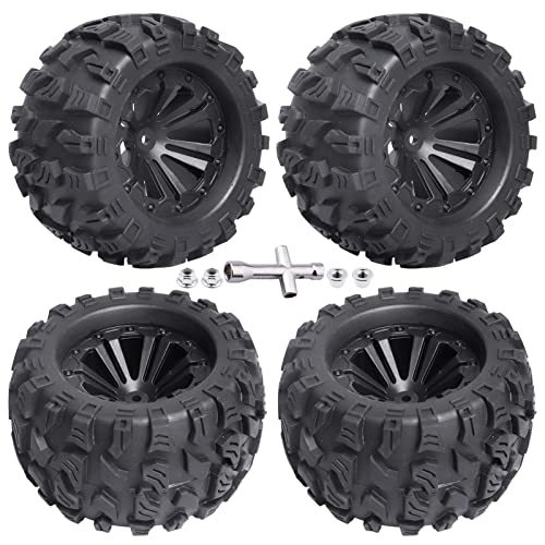 2.8'' Tires and Wheels 12mm Hex Pre-Glued 1/10 Monster Truck Tyres Sets for Traxxas Rustler Stampede Redcat Volcano Blackout MT Off-Road Cars Models 2S-4S Brushless Power, Set of 4