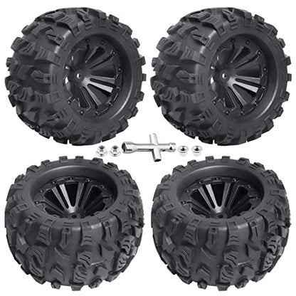 2.8'' Tires and Wheels 12mm Hex Pre-Glued 1/10 Monster Truck Tyres Sets for Traxxas Rustler Stampede Redcat Volcano Blackout MT Off-Road Cars Models 2S-4S Brushless Power, Set of 4