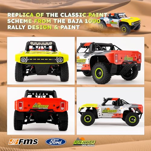 FMS 1/18 RC Truck FSC18 Ford Bronco, Officially Licensed by Ford Short Course RC Car, 4x4 Off-Road RC Crawler with LED Lights, and Quick-Release Body-RTR (Race Livery A (Brushless Version)) - style: Race livery A-Brushless version
