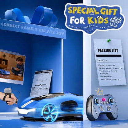 AEROQUEST Gesture Control RC Stunt Car with Lights & Spray for Boys 6+ | 2.4GHz 4WD Remote Control Drift Spray Effects USB-C Charging Light Sound Spotrs Car Gift for Boys 6+ - color: Blue