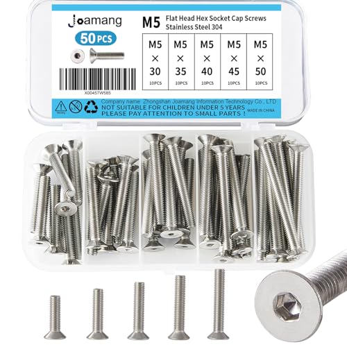 M5 x 30mm 35mm 40mm 45mm 50mm Flat Head Hex Socket Cap Screws Countersunk Bolts, Stainless Steel 304, Metric Allen Hex Drive, Bright Finish, Fully Threaded, Assortment Kit 50PCS - size: M5x30/35/40/45/50 mm
