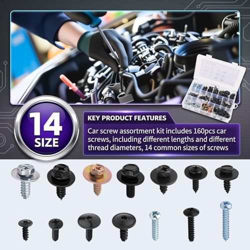 160PCS 14 Size Metal Car Screw Assortment Kit,Multisized Pan Head Self Tapping Screws as Body Bumper Hood Retainer Clips,Universal Automotive Trim Screws Cars Accessories