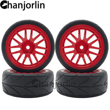 RC 1/10 On Road Touring Tires & Wheels 12mm Hex Hard Plastic Rims OD 65mm Street Racing Tyre for 1:10 1/12 Rally Drift Car Tamiya TT01 TT02 Traxxas XV02 XV01 HPI KYOSHO PTG2 4PCS (Red) - color: Red