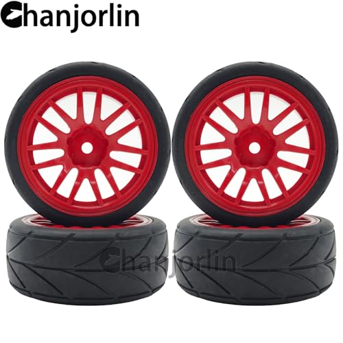RC 1/10 On Road Touring Tires & Wheels 12mm Hex Hard Plastic Rims OD 65mm Street Racing Tyre for 1:10 1/12 Rally Drift Car Tamiya TT01 TT02 Traxxas XV02 XV01 HPI KYOSHO PTG2 4PCS (Red) - color: Red