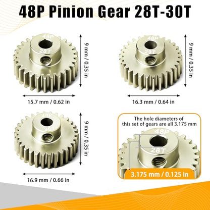 3PCS 48P Pinion Gear Set 7075 Aluminum Alloy 3.175mm Shaft 28T 29T 30T with Screws & Hex for 1/10 RC Arrma Traxxas HPI Sakura Losi Axial SCX10 Tamiya Monster Truck Buggy Motor Gears Upgrade - size: 28 29 30T