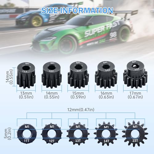 Metal Steel M1 Pinion Gear 11T 12T 13T 14T 15T 5mm Shaft Motor Gears with Hex Key for 1/8 RC Car Brushless Brush Motor Parts - size: 11T 12T 13T 14T 15T
