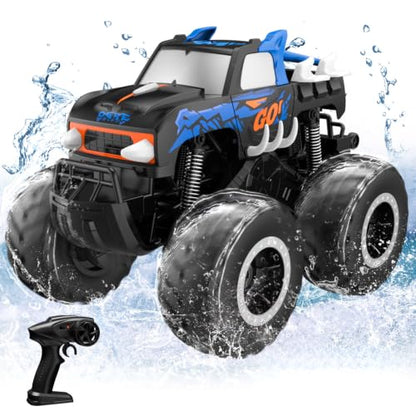 STEMTRON 1:16 Amphibious Monster Truck All Terrain RC Car Toys | 2.4GHz 4WD Waterproof Remote control car, Double-Sided Surfing Off-Road Vehicle, Pool and Yard RC Crawler Gifts for Boys Kids - color: Blue Truck, size: 1:16 Scale