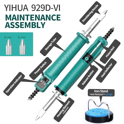 YIHUA 929D VI Temperature Controlled Electric Desoldering Iron with Upgraded Performance Heated Solder Sucker Tool with 3 Nozzles Soldering Iron Pump Function