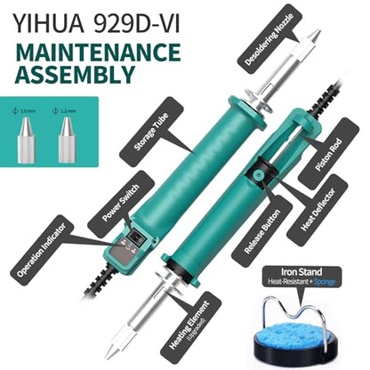 YIHUA 929D VI Temperature Controlled Electric Desoldering Iron with Upgraded Performance Heated Solder Sucker Tool with 3 Nozzles Soldering Iron Pump Function