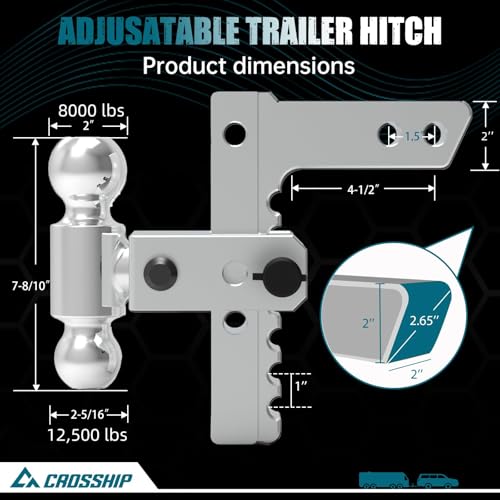 Adjustable Trailer Hitch - Heavy Duty Aluminum Drop Drawbar Hitch - Fits 2" Receiver, 8" Drop/Rise with 2" & 2-5/16" Solid Dual Balls 12,500 LBS GTW- for Truck, SUV, RV - color: Silver, size: 2" 8 Drop-Dual Ball