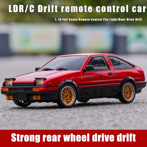 FLYCOLOR 1:18 AE86 Model LD1801 RC Drift Car 1/18 2.4G Remote Control on Road ESP Gyroscope LED Mini RC Racing Cars (Red) - color: Red