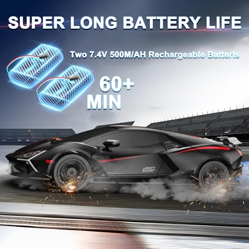 Remote Control Car RC Drift Car 1:16 Scale 4WD 18KM/H High Speed Model Vehicle 2.4GHz with LED Lights Spray Rubber Tire Racing Sport Toy for Adults Boys Girls Kids Gift 2Pcs Rechargeable Batteries - color: Black-2