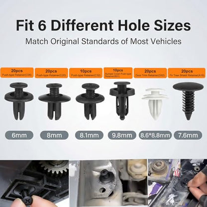 100PCS Universal Car Bumper Clips, Plastic Push Pin Rivets Set with Storage Box, 6 Most Popular Sizes with 5 Fastener Removers, Fits Most Car Models, Ideal for Body Fixing & Replacement