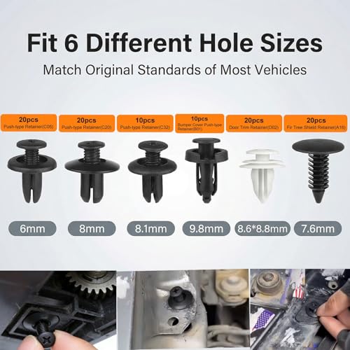 100PCS Universal Car Bumper Clips, Plastic Push Pin Rivets Set with Storage Box, 6 Most Popular Sizes with 5 Fastener Removers, Fits Most Car Models, Ideal for Body Fixing & Replacement