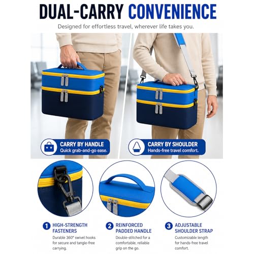 Bevegekos 2-Layer Carrying Case for Toniebox Gen 1 & 2, Holds 25+ Figures | Top tray + deep bottom fit audio box, charging station & headphones; water-resistant 600D shell with EPE foam padding inside - color: Navy/Sky Blue