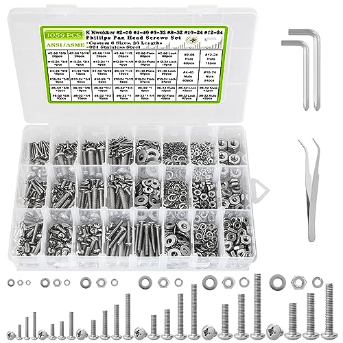 1059Pcs Nuts and Bolts Assortment Kit Phillips Pan Head #2-56#4-40#6-32#8-32#10-24#12-24 Machine Screws, K Kwokker 26 Sizes 304 Stainless Steel Screws Nut and Bolt Assortment with Screw Organizer - size: E. #2-56 - #12-24