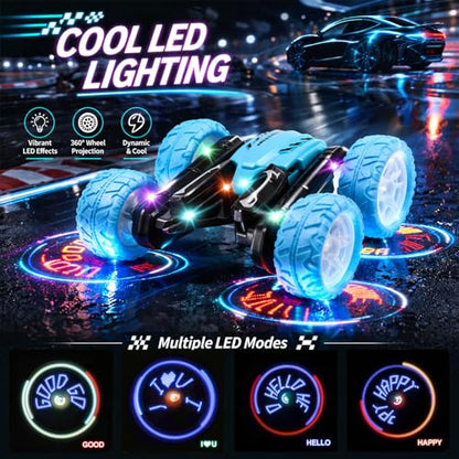 Remote Control Car for Kids, 360° Rotating Stunt Car, Double-Sided Driving, 2.4GHz RC Car, Rechargeable All-Terrain Toy, LED Glowing Wheels with Projection, for Boys & Girls Ages 4-8 - color: Blue