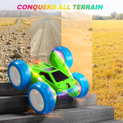 Remote Control Car, 360° Flips Rotating RC Stunt Car with USB-C Charge Modular Battery, 4WD RC Cars with LED Lights Strips, All Terrain RC Truck Toys for Kids 3+ Year Old Boys Christmas Birthday Gift - color: Blue & Green