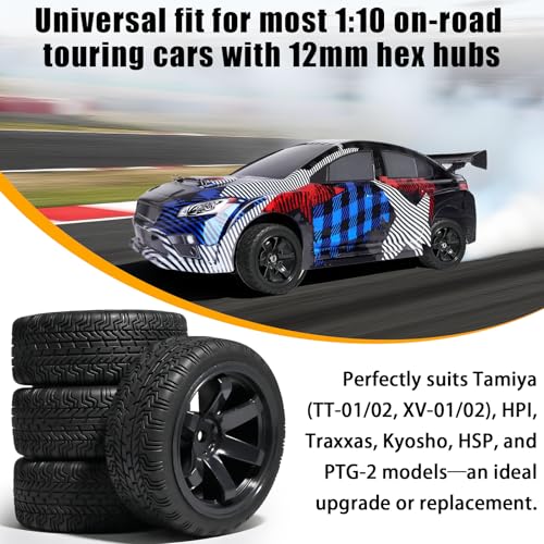 OD 2.65" On Road Rubber Tires Plastic Wheel Rims 12mm Hex for 1/10 RC Car | Compatible with MJX HSP Tamiya HPI Kyosho Traxxas Sakura Redcat WLtoys 1/10 RC On-Road Racing Touring Car (4pcs, Black) - style: D-Black