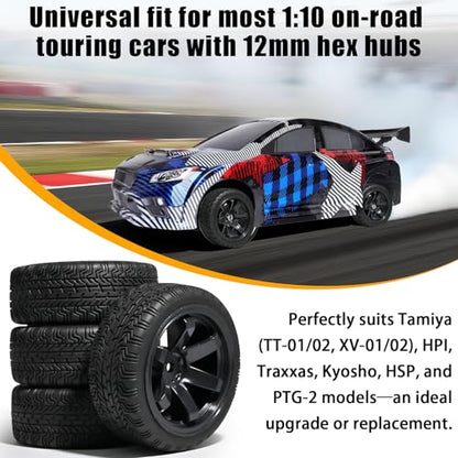 OD 2.65" On Road Rubber Tires Plastic Wheel Rims 12mm Hex for 1/10 RC Car | Compatible with MJX HSP Tamiya HPI Kyosho Traxxas Sakura Redcat WLtoys 1/10 RC On-Road Racing Touring Car (4pcs, Black) - style: D-Black