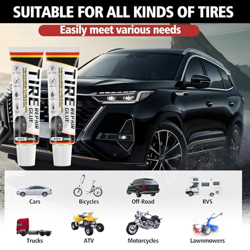 Tire Repair Glue, Rubber Cement Glue, 10ml*2 Quick-Drying Tires Repair Rubber Nail Kit, Strong Tire Plug Glues, Suitable for Bike, Car, Motorcycle, Off-Road, Truck, Tractor, Black (10ml*2)