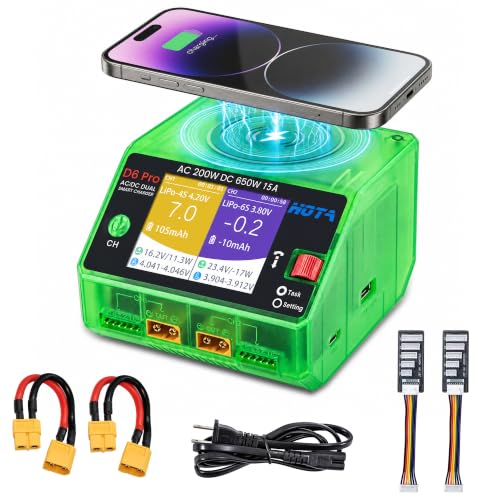 HOTA D6 Pro Lipo Battery Charger,Dual Channel 15A AC200W DC650W Smart Balance Charger with Wireless Charging Panel USB Output for 1-6S LiPo LiHV NiMH Pb Batteries RC Car Boat FPV (Transparent Green) - color: Transparent Green