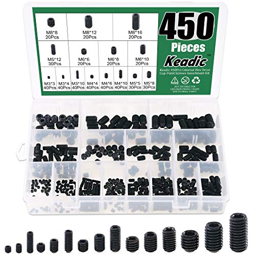 Keadic 450Pcs Internal Hex Drive Cup-Point Screw Assortment Kit - 15 Sizes Alloy Steel Hex Socket Set Cap Point Grub Screws, M3 M4 M5 M6 M8, Black - style: 450pcs Metric M3-M8 Cup Point Set Screw Kit