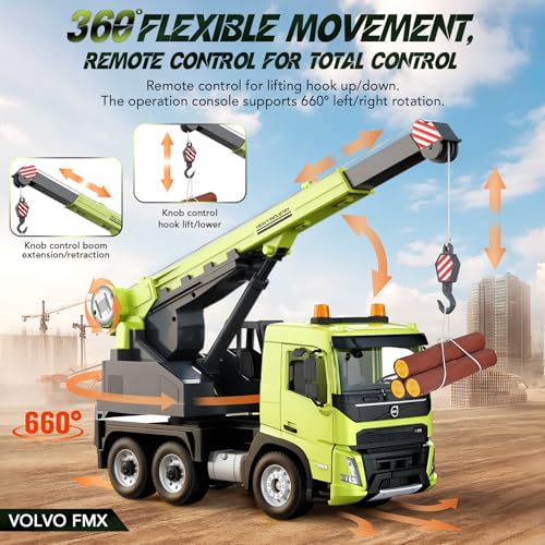Double E Volvo FMX 1:20 Scale RC Crane Truck - 660° Rotating Console, 2.4GHz Anti-Interference, Realistic Lifting Sounds & LED Work Lights - Construction Toy for Adults - style: RC Crane