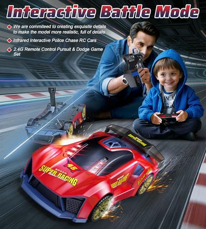 3-in-1 RC Drift Car Set - 2.4GHz Battle Remote Control Car, 2 Player Chase & Shoot Game, Parent-Child Interactive Toy Car, for Kids Ages 6+ (Red) - color: Red
