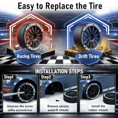 1:20 RC Drift Car, 2.4GHz 4WD 360° Fixed Point Drift for Boys | 50 min playtime with 2 batteries, 2 tire sets (drift & off-road), 3 LED lights, great gift for kids 6-12 - color: Gray-blue