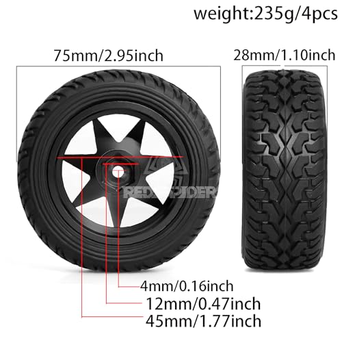 REDSPIDER 1/10 RC Rally Car Tyres 12mm Hex Hub Rubber Tires & Aluminium Wheel Rims OD 75mm/2.95'' for 1/16 1/14 1/12 1/10 RC Touring Car On-Road Off Road Buggy (Black) - color: Black