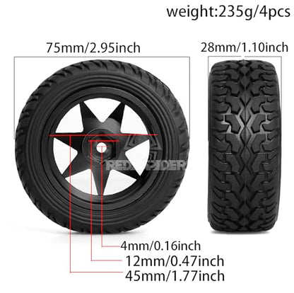 REDSPIDER 1/10 RC Rally Car Tyres 12mm Hex Hub Rubber Tires & Aluminium Wheel Rims OD 75mm/2.95'' for 1/16 1/14 1/12 1/10 RC Touring Car On-Road Off Road Buggy (Black) - color: Black