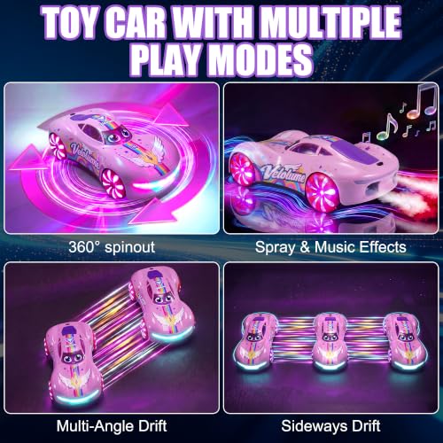 Gesture Sensing RC Stunt Car, 2.4GHz 4WD Remote Control Car for Girls 4-12 | 50 Min Play Dual Batteries, Mist Spray, LED Light Wheels & 360° Spin, Hobby Toy Birthday Gift for Kids Girls Ages 6 7 8, Pink - color: 2-pink