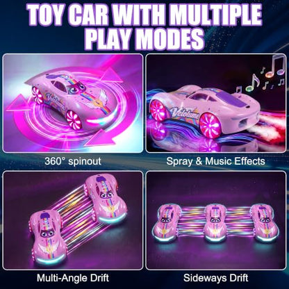 Gesture Sensing RC Stunt Car, 2.4GHz 4WD Remote Control Car for Girls 4-12 | 50 Min Play Dual Batteries, Mist Spray, LED Light Wheels & 360° Spin, Hobby Toy Birthday Gift for Kids Girls Ages 6 7 8, Pink - color: 2-pink